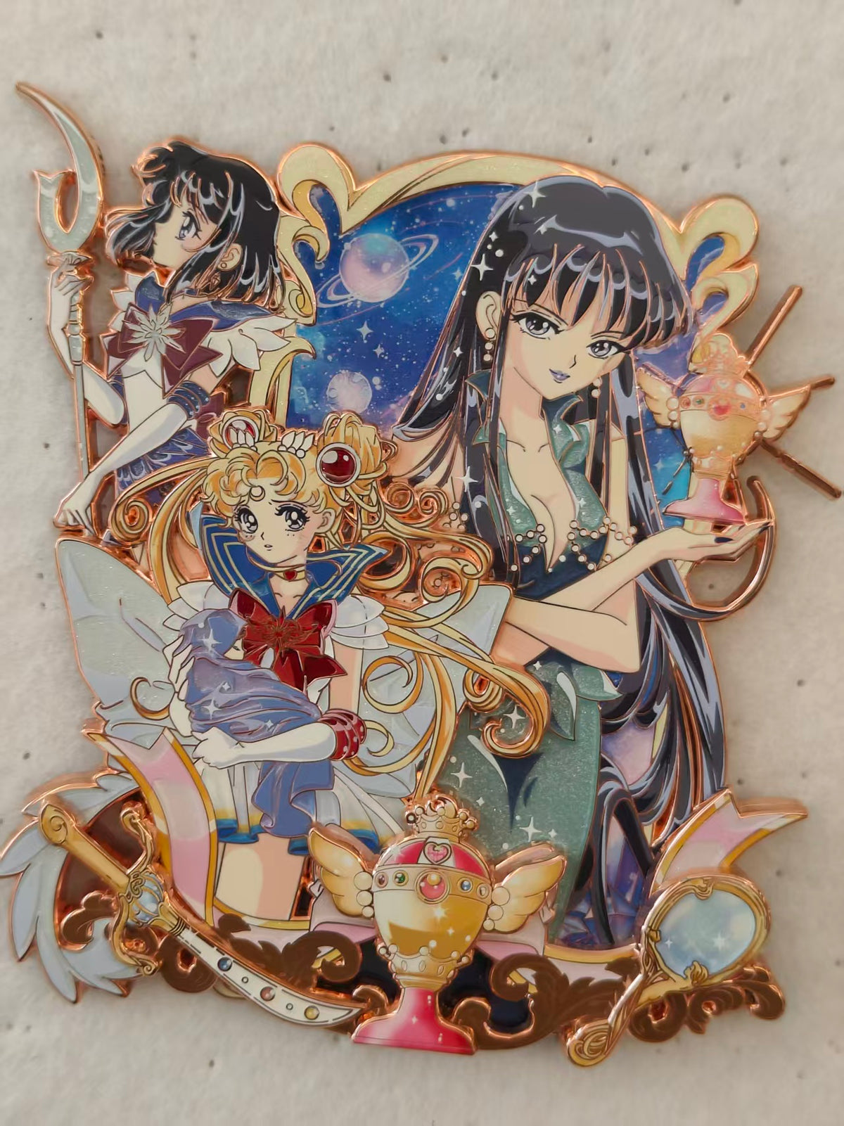 Cosmic Magical Girls Three Layer Hard Enamel Limitation Pin, Galaxy Background Fantasy Art Collectible Lapel Pin