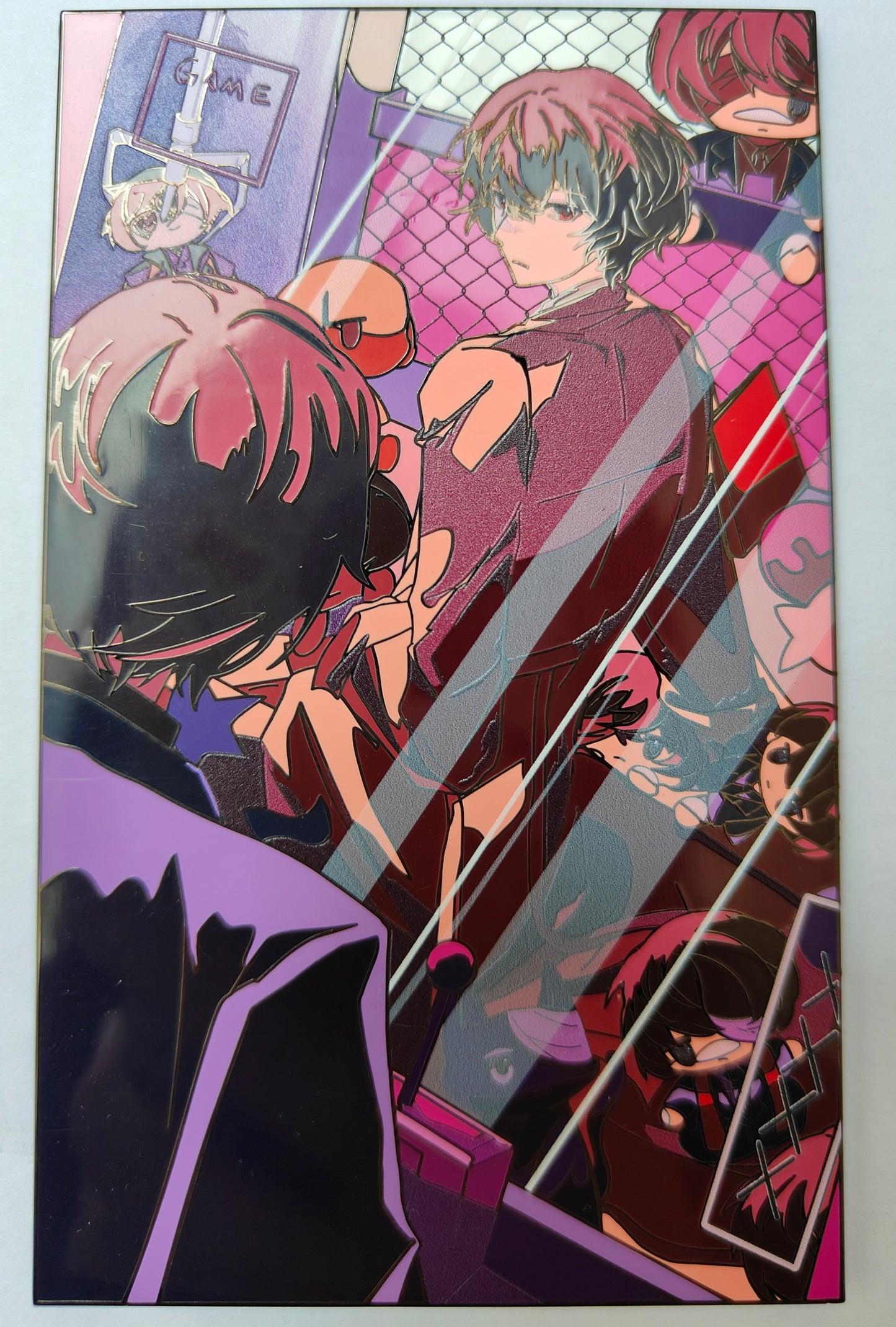Hard Enamel Limitation Pin - Anime Game Claw Machine Scene with Purple Haze & Multi-Figure Reflection Collectible Badge