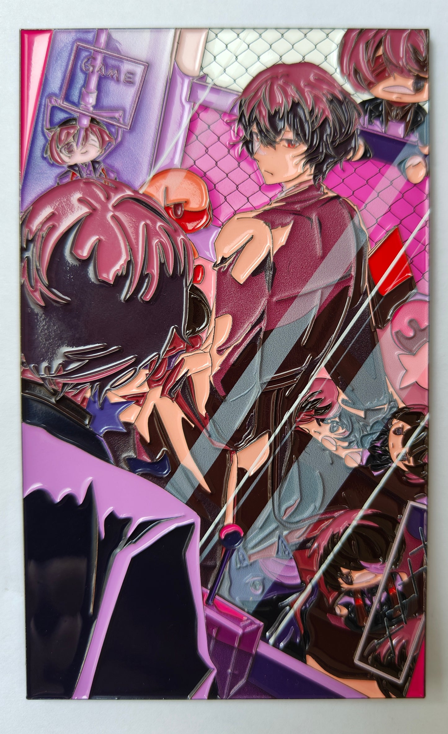 Hard Enamel Limitation Pin - Anime Game Claw Machine Scene with Purple Haze & Multi-Figure Reflection Collectible Badge