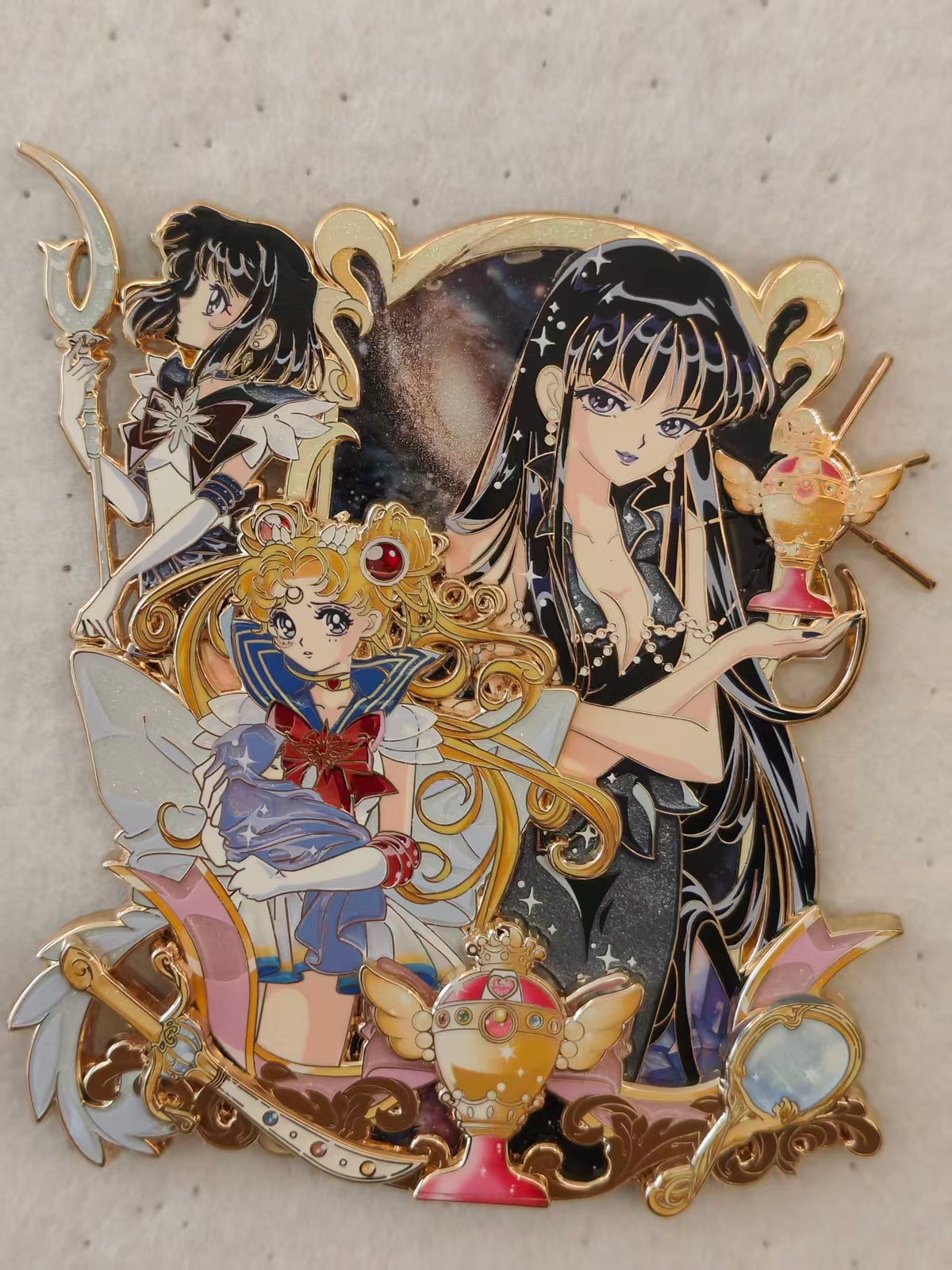 Cosmic Magical Girls Three Layer Hard Enamel Limitation Pin, Galaxy Background Fantasy Art Collectible Lapel Pin