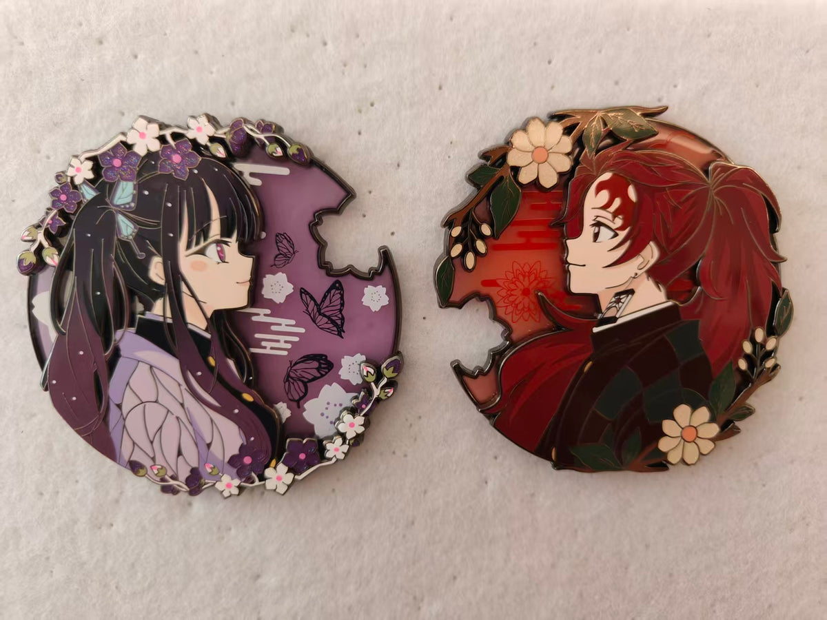 Demon Slayer Long Hair Tanjiro & Long Hair Kanao Double Layer Puzzle Pair Hard Enamel Limitation Pin | Anime Collectible Pins