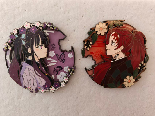 Demon Slayer Long Hair Tanjiro & Long Hair Kanao Double Layer Puzzle Pair Hard Enamel Limitation Pin | Anime Collectible Pins