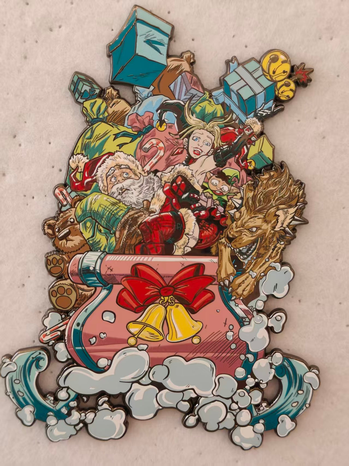 Festive Christmas Sleigh Scene Giant Shaped Hard Enamel Limitation Pin | Comic Style Holiday Collectible Lapel Pin